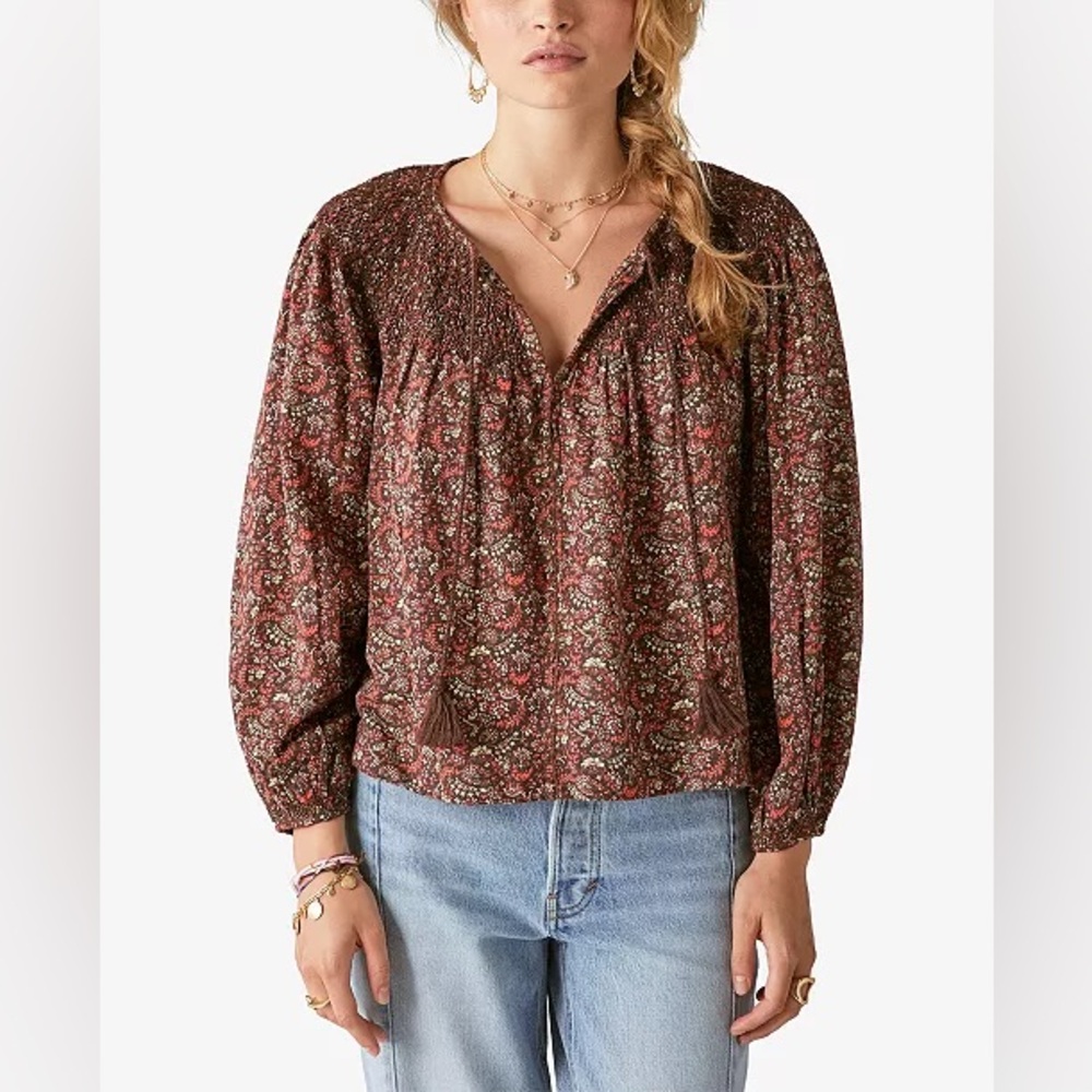 Lucky Brand Floral Printed Smocked Peasant Blouse Top - Picture 3 of 14